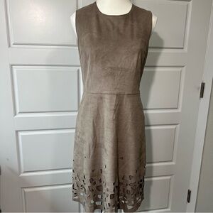 Sleeveless Faux Suede Dress Laser Cut‎ Hem A-Line Casual Chic